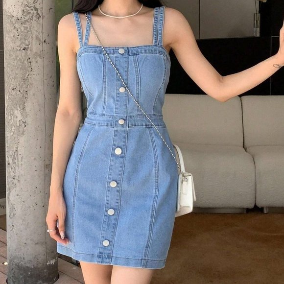 Blue Preppy Womens Button Front Denim Dress - Picture 3 of 5